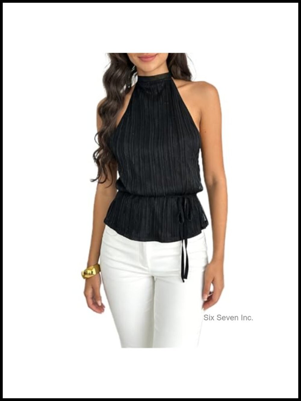 Pleated Chiffon Halter Top Sleeveless Peplum Tank with Belt